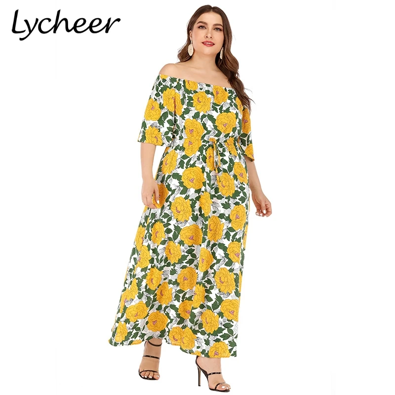 Женское платье с открытыми плечами Lycheer длинное пляжное в стиле бохо цветочным