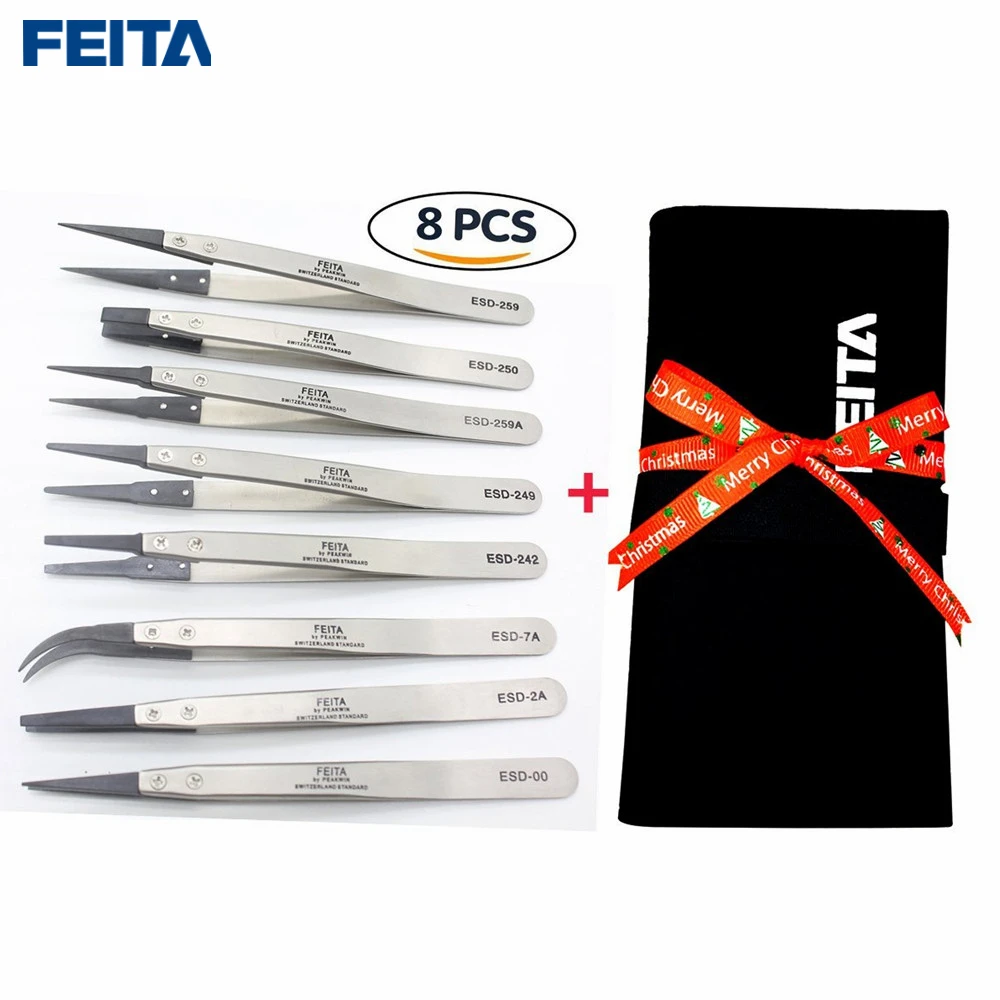 

FEITA 8PCS ESD Stainless Steel Head-changed Tip Tweezers Anti-static Precision Hand Tool with Carrying Bag for Lab,DIY Electrica