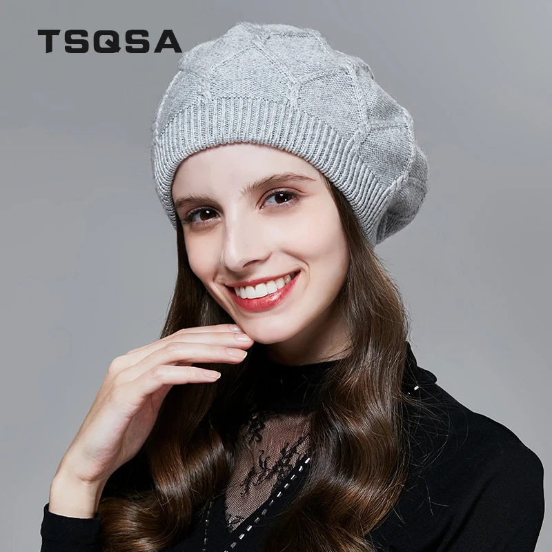 TSQSA Зимняя Теплая Шапка Для Женщин Шерстяная Вязаная Мода Твердые Шапочки