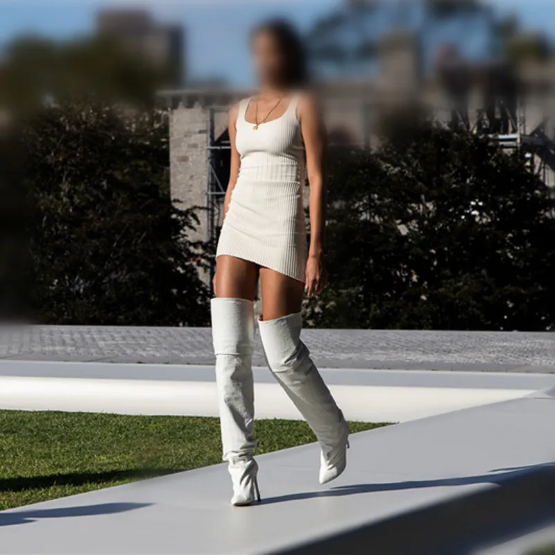 Spring Ladies Solid White Leather Thigh High Boots Women over knee Boots High Heel Gladiator Boots Female Zipper Dress Shoes