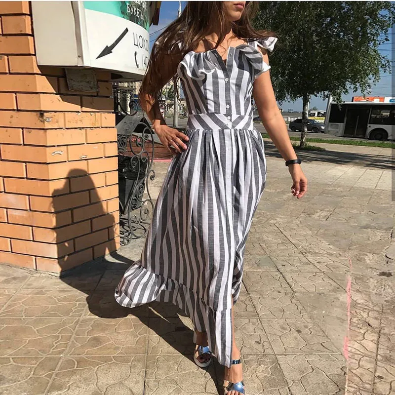 Новый летний Boho Стиль длинное платье Для женщин сексуальная оборками и пуговицы