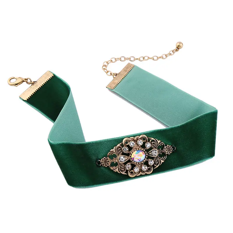 Стразы каменный цветочный кулон панк готика зеленая бархатная лента крупный