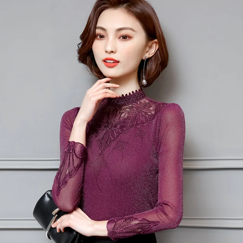 DHfinery lace women spring autumn stand long sleeve Flower embroidery perspective mesh black purple Elegant tops S6161
