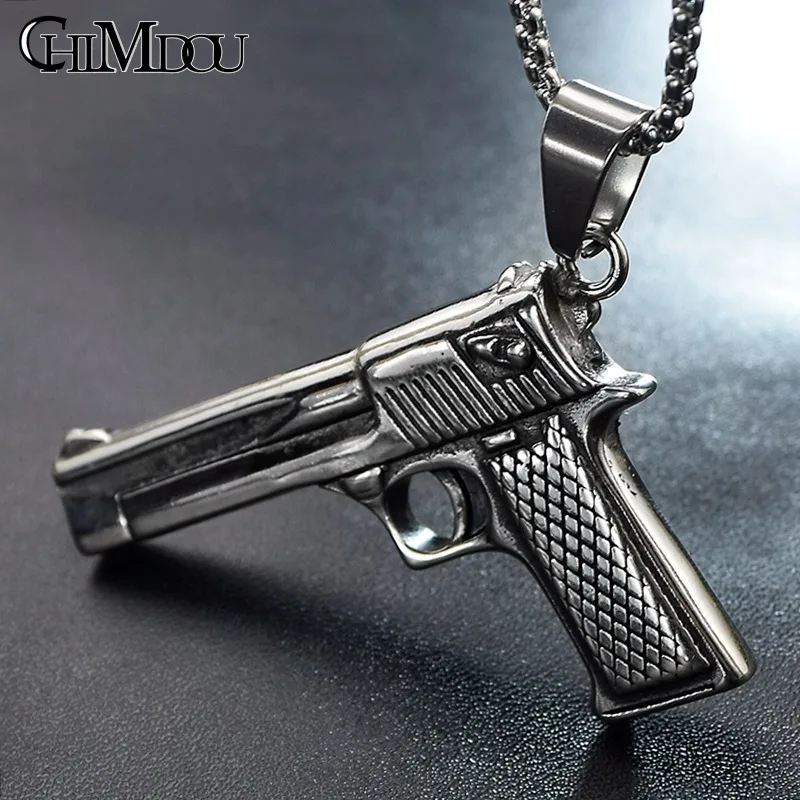 CHIMDOU punk hip hop boy man Pistol Handgun necklace men stainless steel long chain silver color colar jewelry | Украшения и