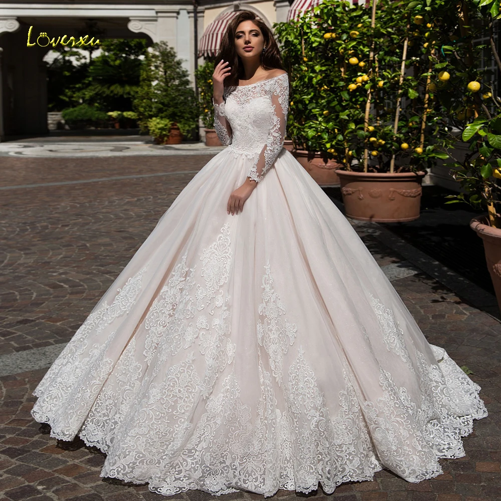 Loverxu Vestido De Noiva свадебное платье трапециевидной формы с длинным рукавом Элегантное свадебное платье на пуговицах с аппликацией Со Шлейфом Кружевное винтажное свадебное платье