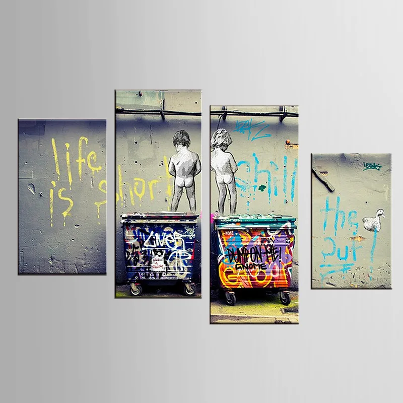 

Framed 4 Panels Banksy Art Life Is Short Chill The Duck Out Wall Art Cheap Kids With Dustbin Wall Pcture Home Decor Artwork