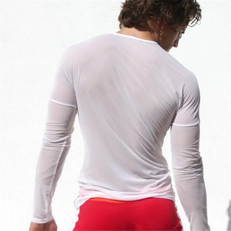 Мужские модные топы сексуальные футболки с длинными рукавами из газовой ткани