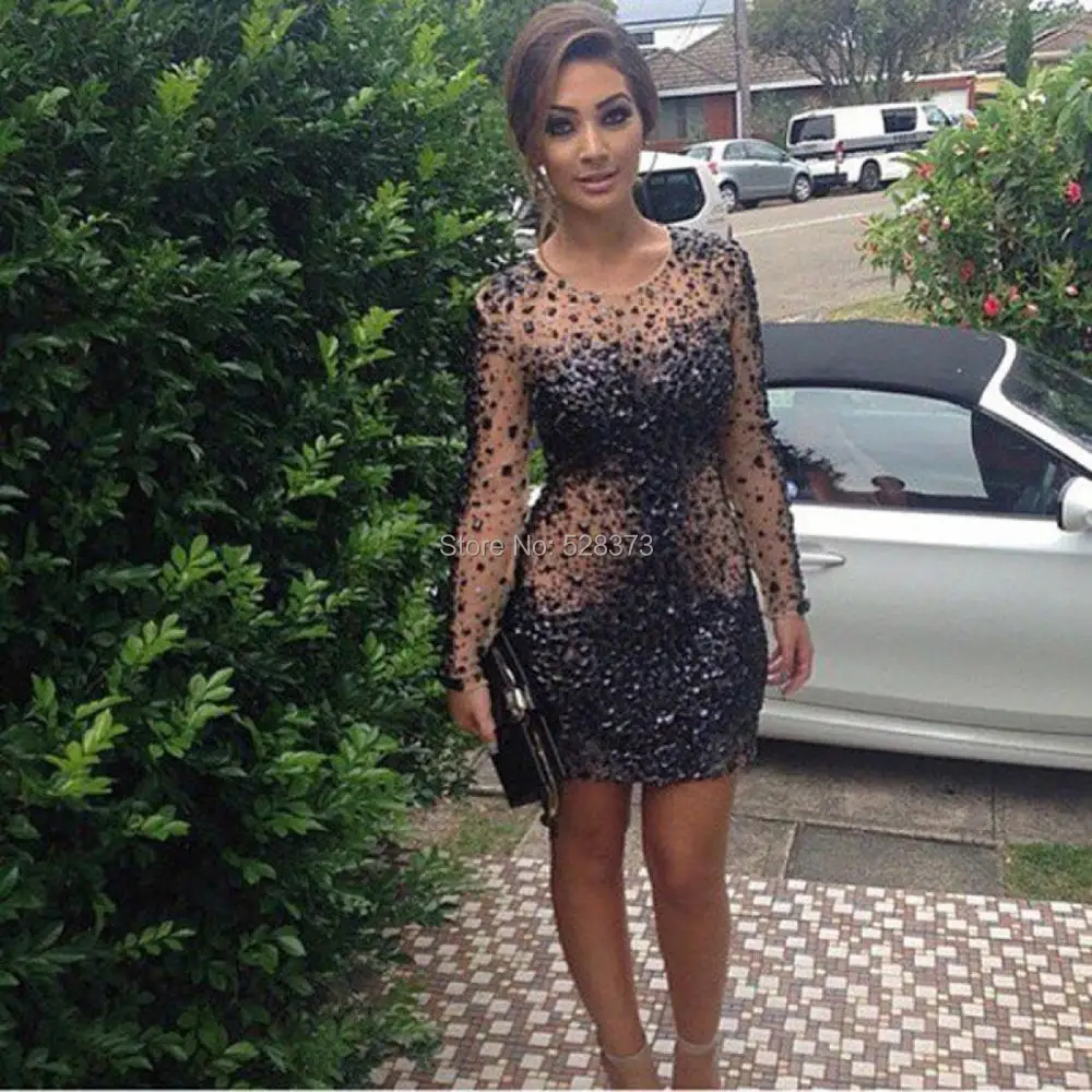 

YNQNFS CD24 Mini/Short Sheer Long Sleeves See Through Crystal Prom Dresses Party Dress