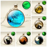 full moon and black cat glass cabochon pendant necklace glow in the dark luminous necklace fashion accessories gift for women