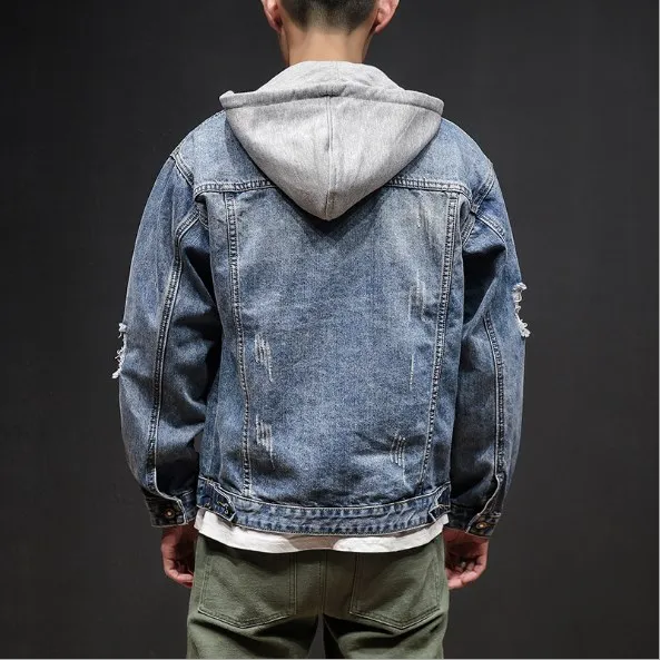 Mens Blue Cotton Ripped Jeans Jackets Male Streetwear Hooded Denim Jacket Men Vintage Jean Coat Plus Size 5XL | Мужская одежда