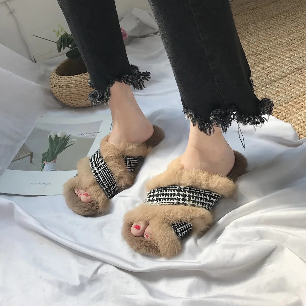 Корейский стиль 2018 На зимнем меху тапочки сетки кроссовер теплые Для женщин