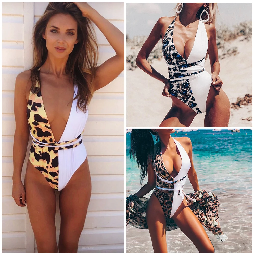 Женский бикини купальный костюм с леопардовым принтом Цельный купальник пляжная