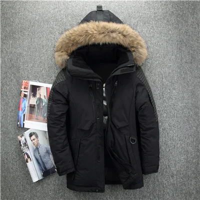 Black Куртки для русской зимы-40, ветронепроницаемые, doudoune hiver homme для мужчин, пальто средней длины с меховым воротником, толстый мужской пуховик - Цвет: Black