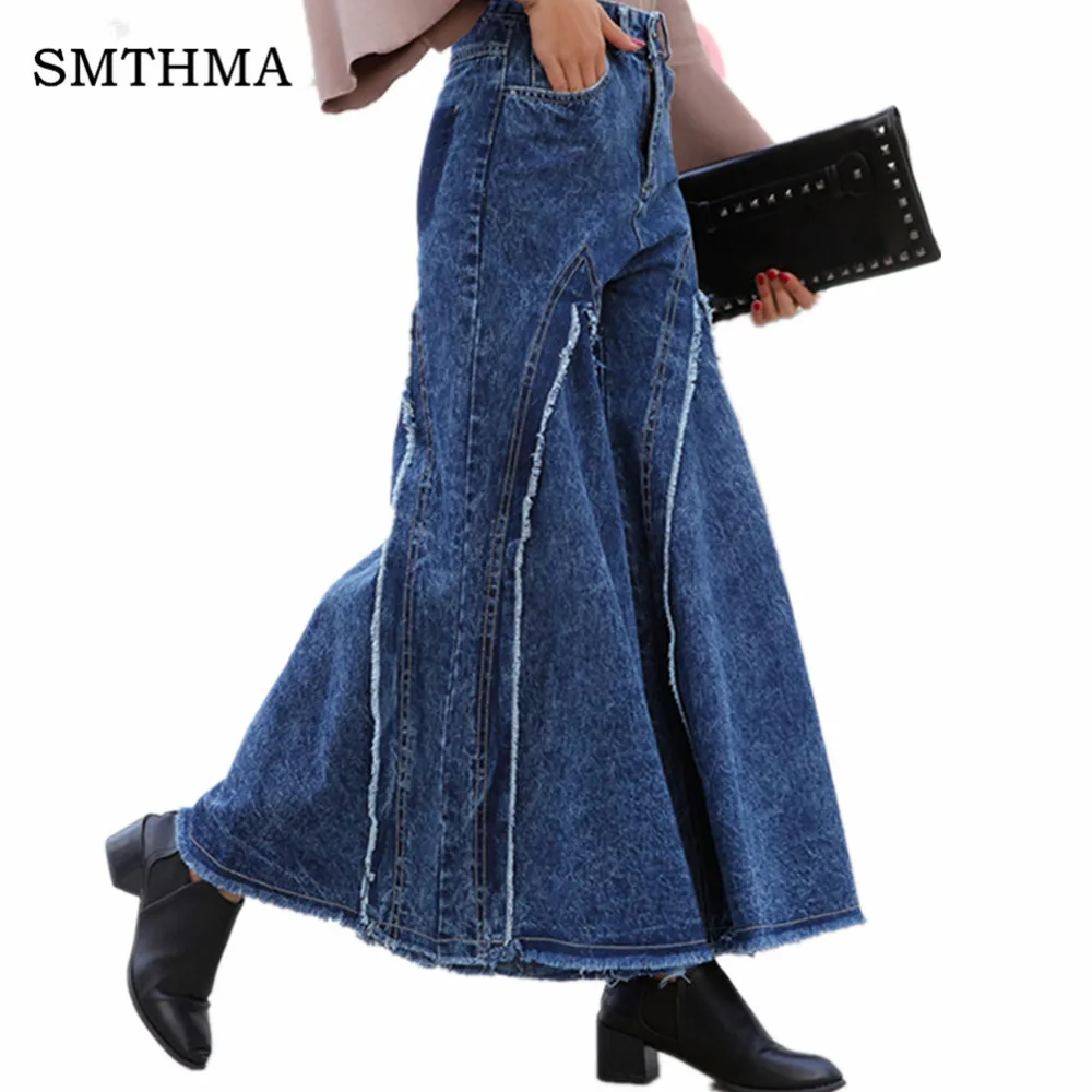 picture color Женские джинсы с широкими штанинами SMTHMA, модные свободные брюки из синего денима, с высокой талией и вставками на штанинах. Новое поступление, сезон весна-лето - Цвет: picture color