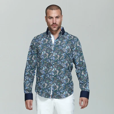 VSD Freeshipping Итальянский Slim Fit мужская цветочный печатные Рубашки Моды печати hombre мужская Рубашка С Длинным Рукавом Размер Евро Homme - Цвет: Blue Mens Shirt