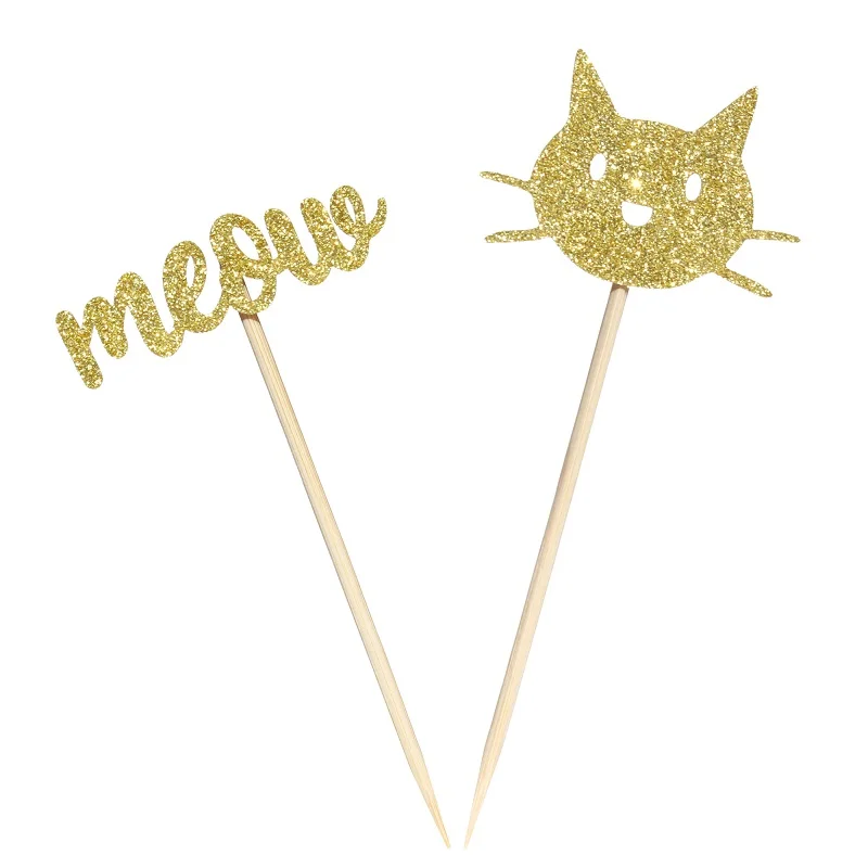 gold cat and meow 12 шт. Золотой Черный кот с мяу кекс топперы Pet День Рождения украшения детский душ вечерние принадлежности животных партии - Цвет: gold cat and meow