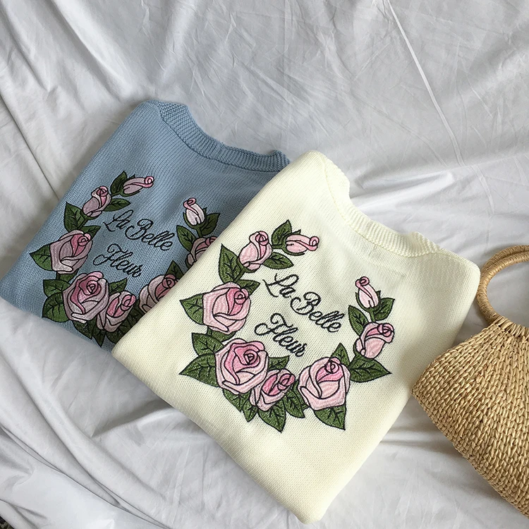 Women'S Back Embroidered Flower Sweater Cardigan Thick Knitting Sweaters Lady Female Korean Punk Harajuku Clothing For Women |