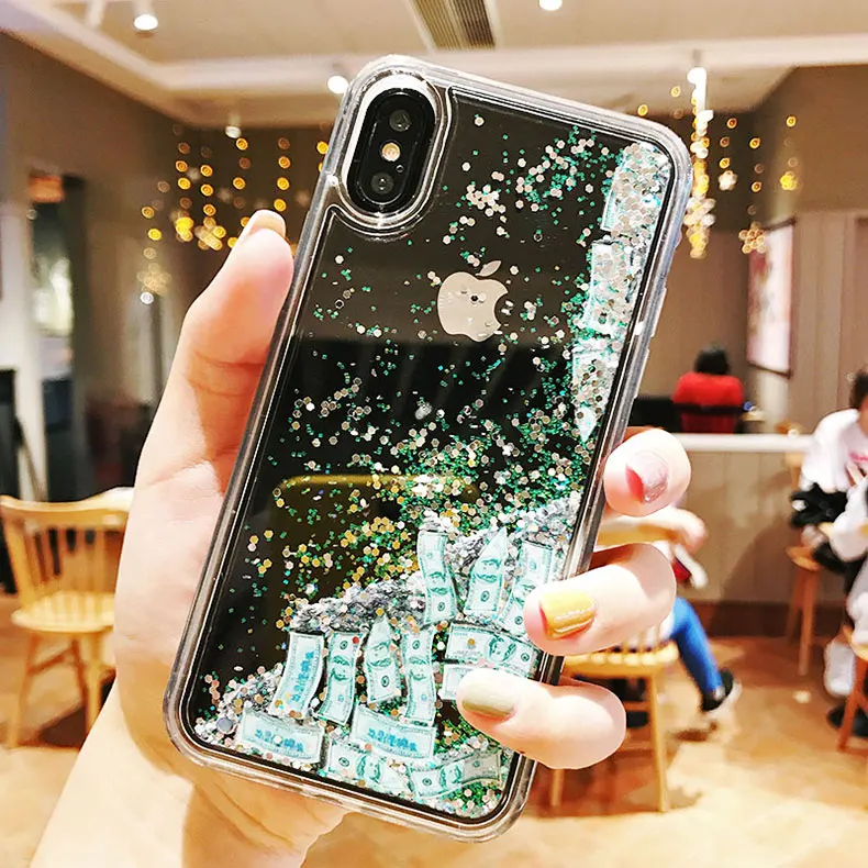 Творческий долларов чехол для iPhone 7 8 X XR Xs Max динамическая жидкость Жесткий PC Capinha 6