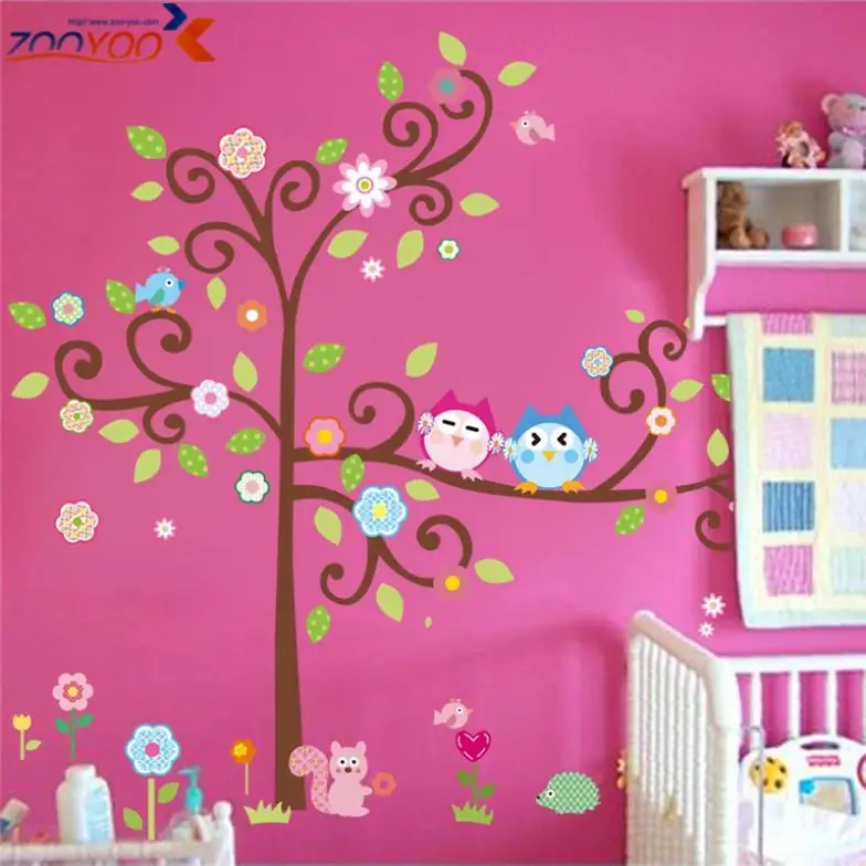

cute wise owls tree wall stickers for kids room decorations nursery cartoon children decals pvc animal wall decal diy 1015