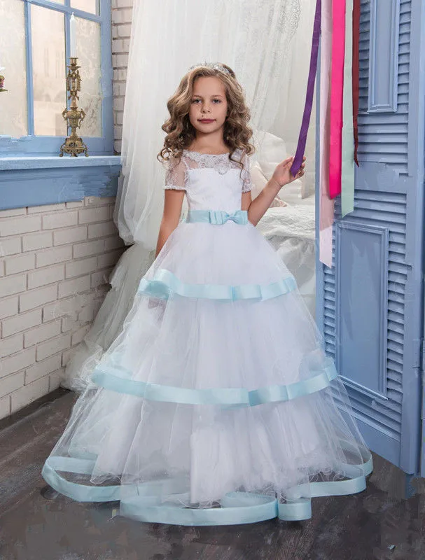 

2021 vestido de daminha short sleeve ball gown Flower Girl Dresses tiered Appliques Lace Flower Girl Dresses For Weddings