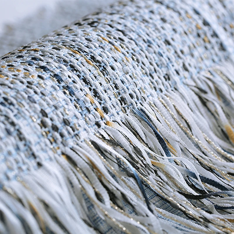 

145CM Wide 260G/M Tassels Knitted Tweed Blue Acrylic Polyester Cotton Fabric for Autumn Spring Dress Jacket E1001