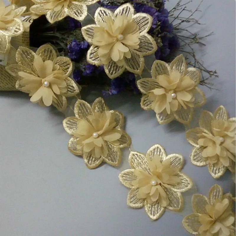 10 шт. Золотая растворимая искусственная шифоновая вышитая кружевная отделка