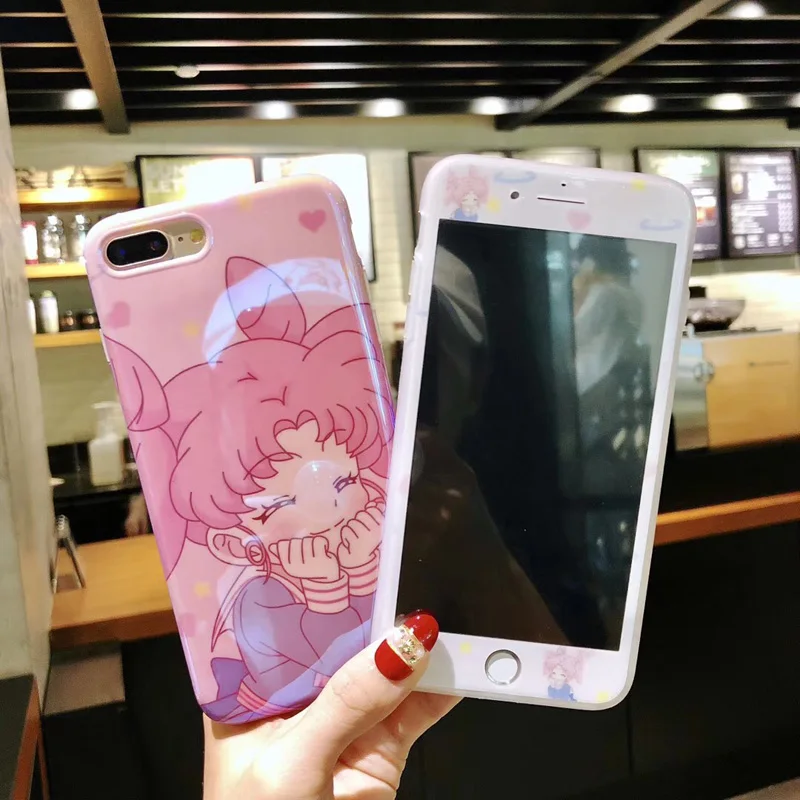 Мягкий чехол Blue ray + стеклянная пленка для iPhone 7 7plus Сейлор Мун Чехлы и закаленное
