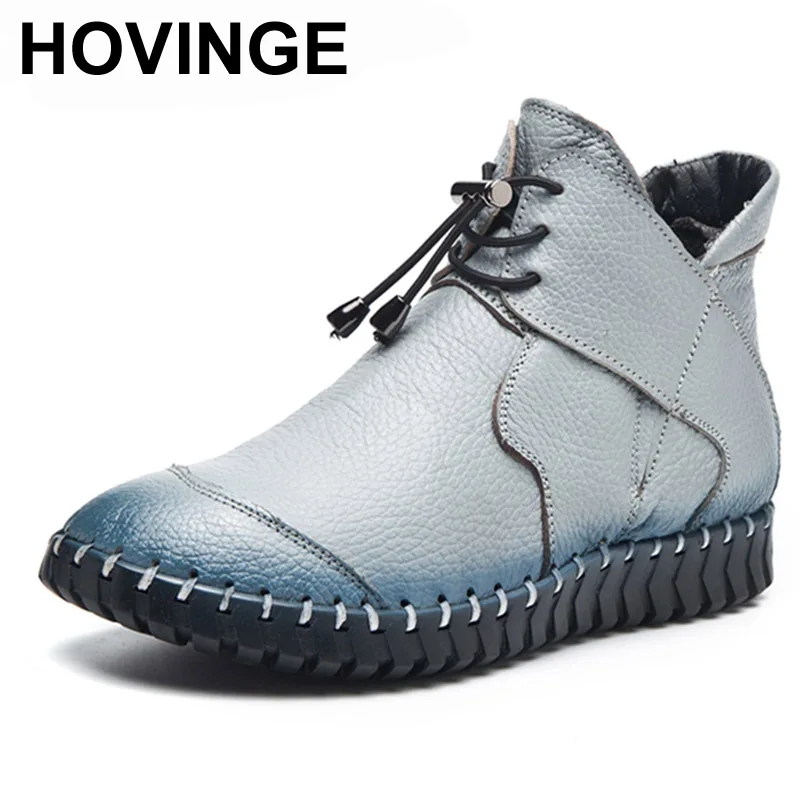 

HOVINGE New Women Boots Genuine Leather Fashion Winter Autumn Ankle Boots Female Shoes Lace Up Snow Boot Woman