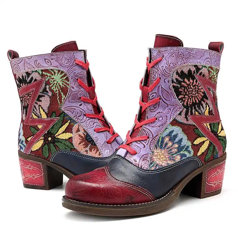 Socofy Fashion Vintage Cowgirl Boots Women Shoes Woman Genuine Leather Ankle Boots Chunky Block Heel Western Booties Bota