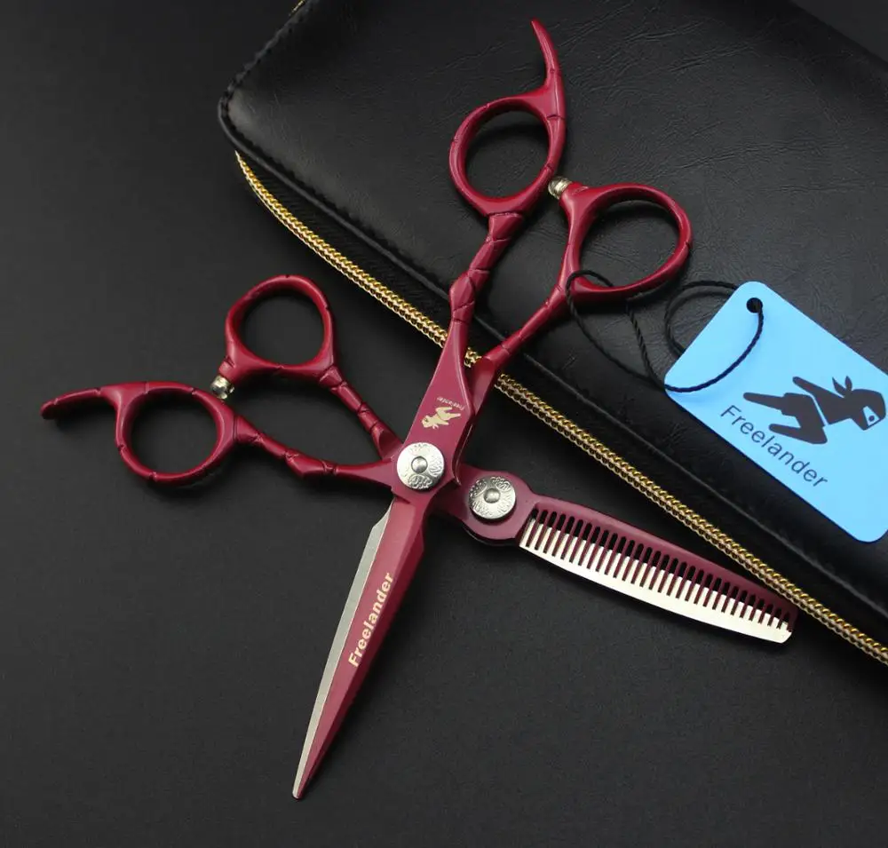 

2 pc/ set Hair scissor professional hairdressing shear cut 6 inch thinning haircutting red Crocodile handle haircutter razor set