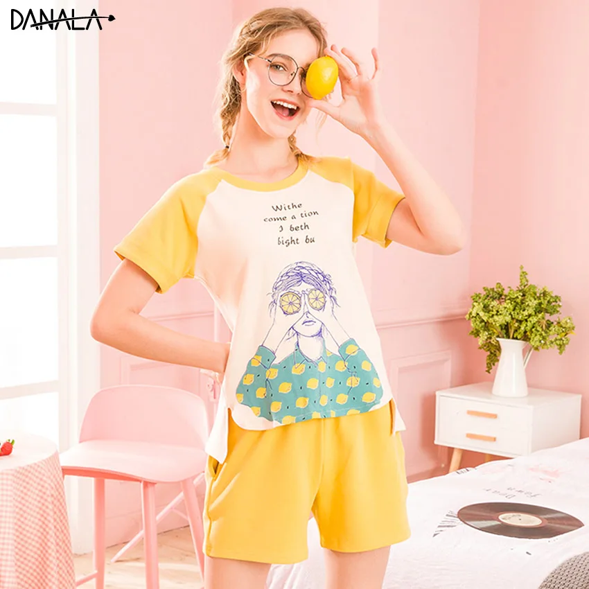 Pajamas Sets-R195072 DANALA хлопок, милые повседневные женские пижамные комплекты, летние Пижамные комплекты с коротким рукавом и мультяшным принтом, женские модные домашние костюмы - Цвет: Pajamas Sets-R195072