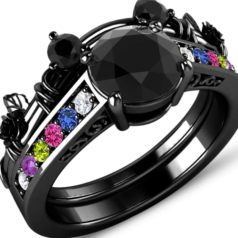 

OMHXZJ Wholesale European Fashion Woman Man Party Wedding Gift Crown Three Colors AAA Zircon 18KT Black Gold Ring RR822