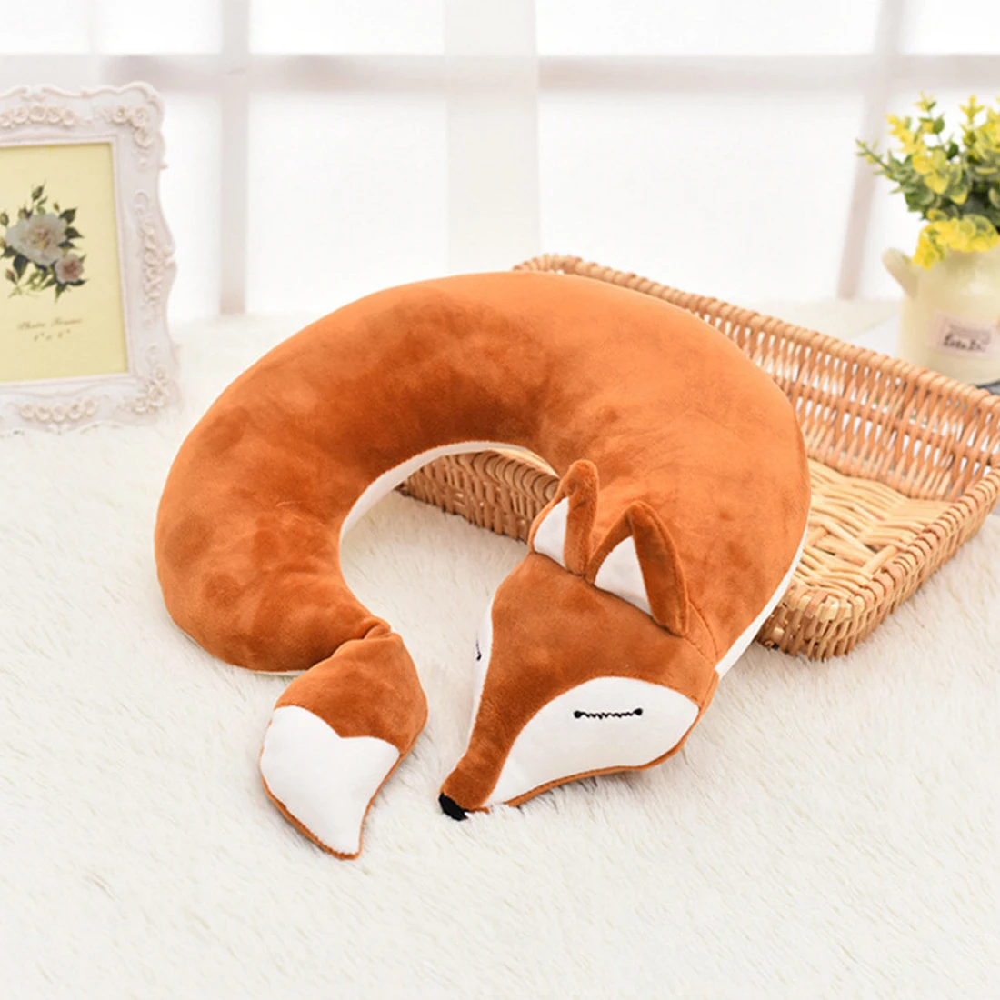 Удобная U образная подушка для шеи разноцветная дорожная с рисунком лисы