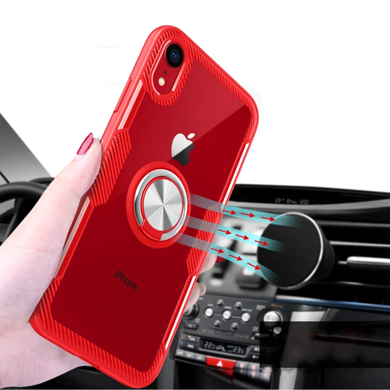Для iPhone XR чехол Роскошный прозрачный PC + Углеволокно полная защита кольцо