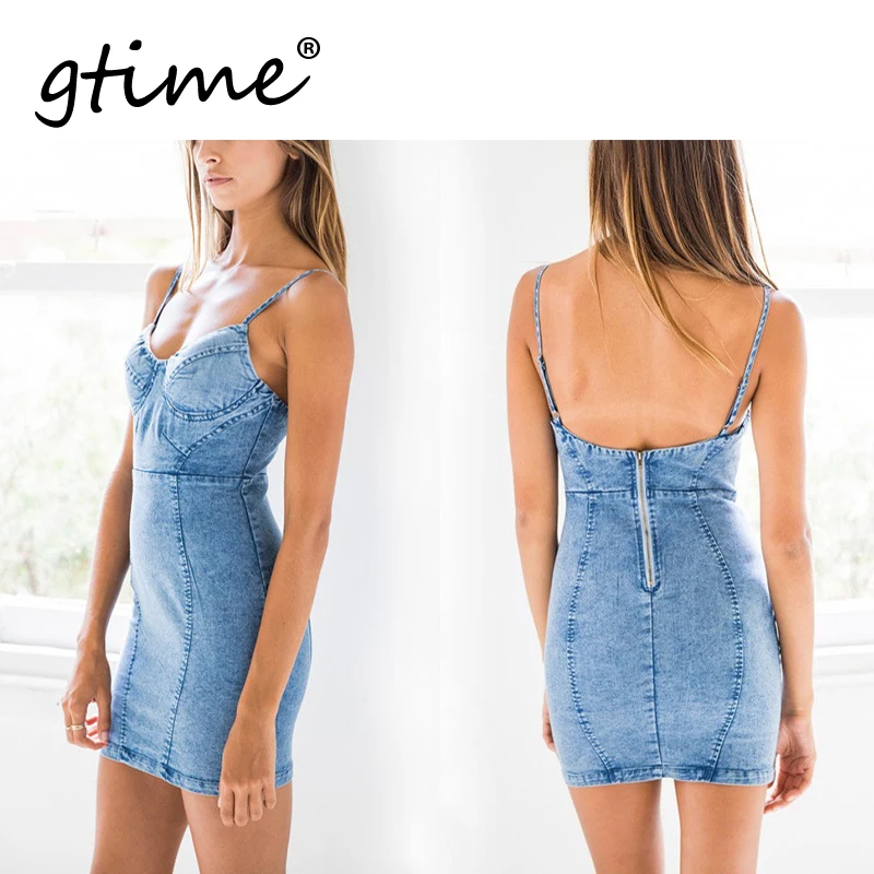 GTIME дропшиппинг сексуальное джинсовое платье с открытой спиной женское
