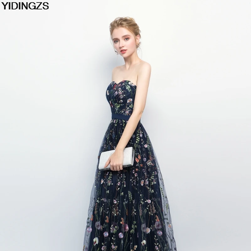 YIDINGZS темно-синее Плиссированное Тюлевое вечернее платье 8 цветов Цветочная вышивка без бретелек Элегантное длинное вечернее платье новое поступление