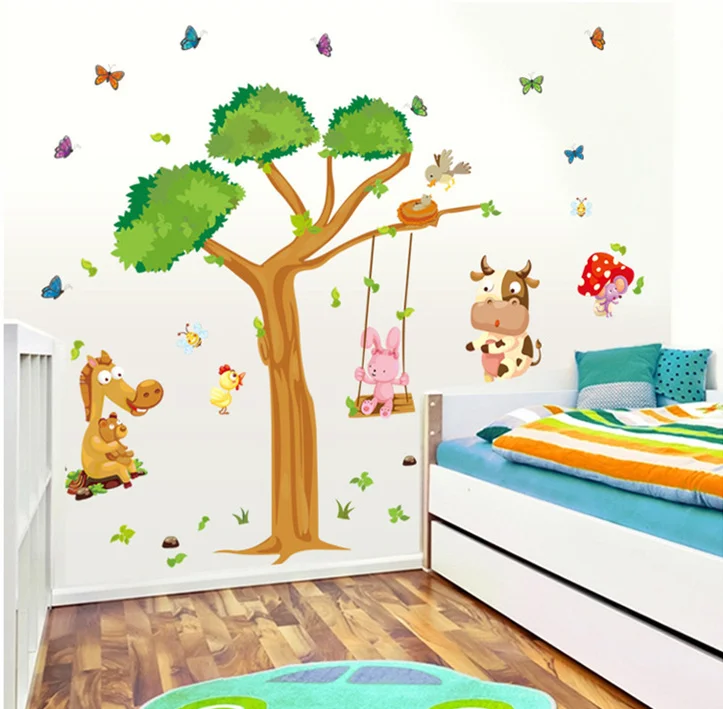 new large tree horse cow wall stickers kids home nursery living room decor party poster removable cartoon mural | Дом и сад