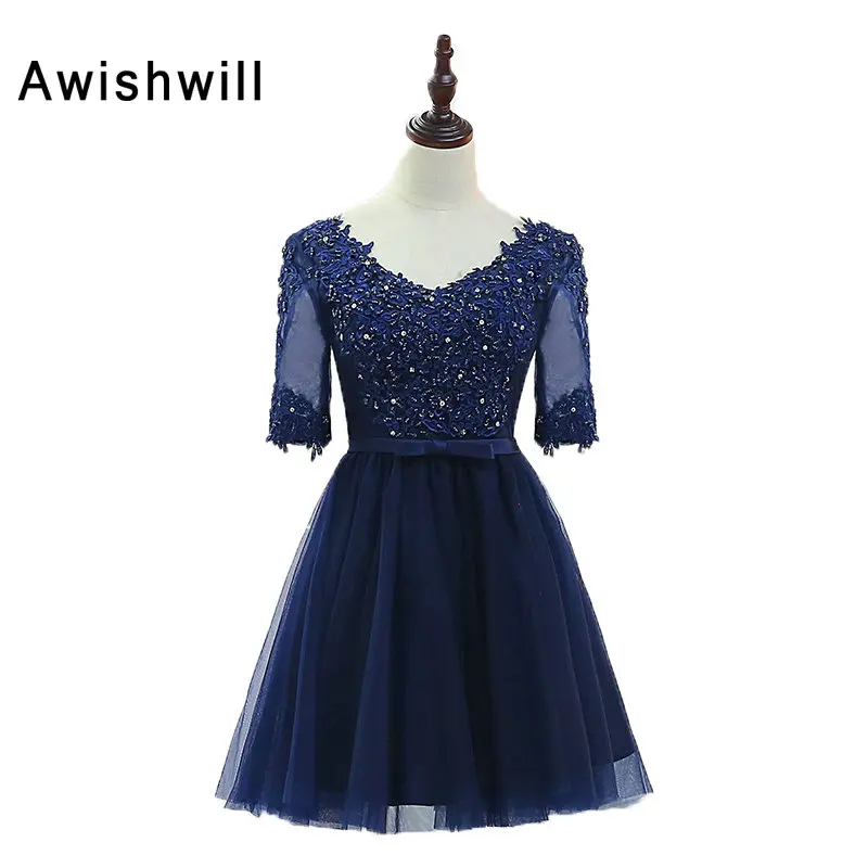 

Navy Blue Cocktail Dress With Half Sleeves V Neck Beading Appliques Tulle Lace-up Back Short Party Dress Homecoming