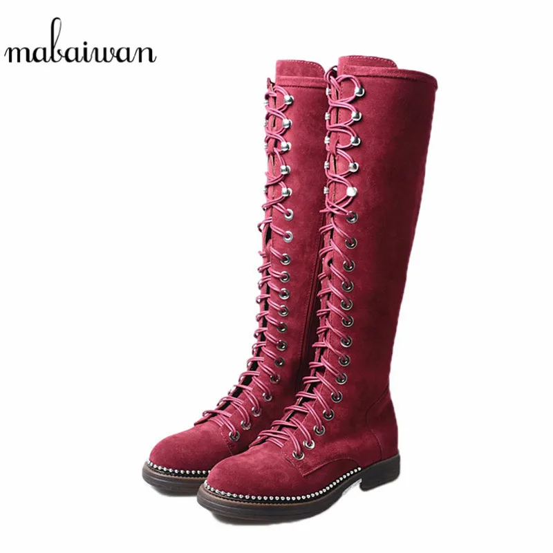

Mabaiwan Fashion Women Suede Knee High Boots Low Heels Genuine Leather Shoes Women's Lace Up Comfortable Winter Warm Flats Shoes