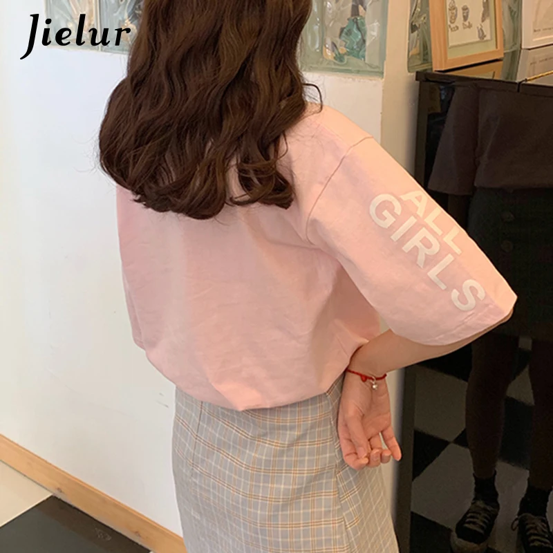 Jielur сексуальная розовая фиолетовая футболка с открытыми плечами Женская Милая в