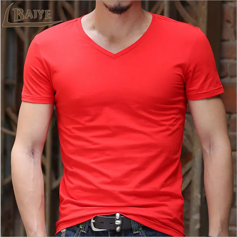 

Summer Cotton Men T-shirts Classical 2017 Short Sleeve V-neck Solid Color tight Basic Tshirt Casual Fitness Men T shirts