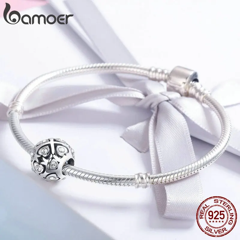 BAMOER настоящий 925 пробы Серебряный светящийся AAA кубический циркониевый бисер браслет подарок на день святого валентина S925 SCC536