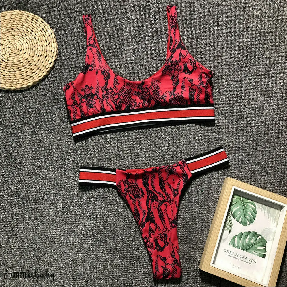 Sexy Women Two Piece Bikini snakeskin leopard Thong Underwear Padded Push Up Tankini Swimsuit Bathing Suit Beach Bra Swimwear | Спорт и