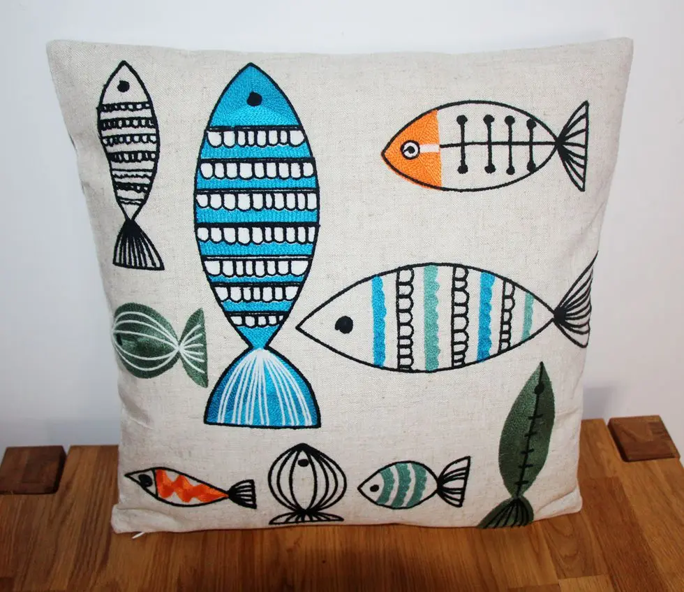 EMBROIDERED Decorative Sofa Chair Car-covers box Retro LINEN Throw Compass Creative fish Cushion Cover housse de coussin pillow | Дом и сад