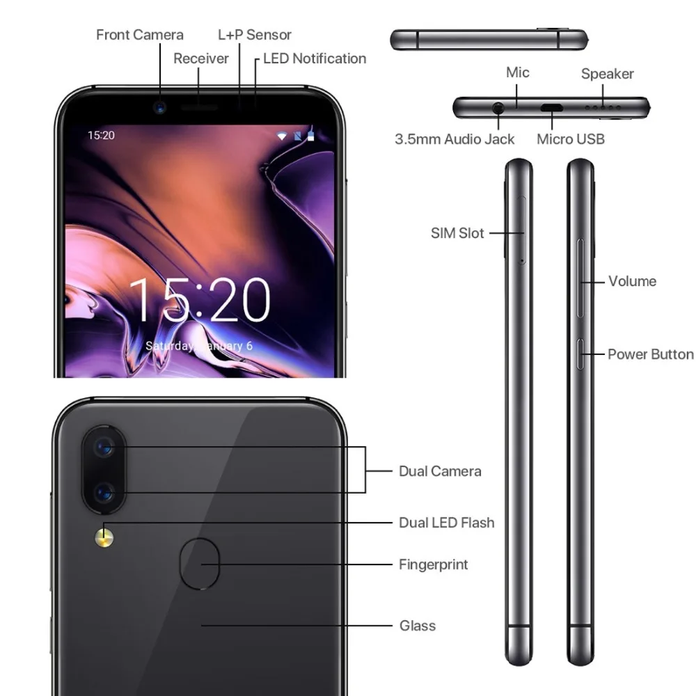 Смартфон UMIDIGI A3 с 5 дюймовым дисплеем четырёхъядерным процессором ОЗУ 2 Гб ПЗУ 16 12