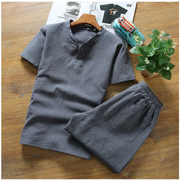 Dark Grey Летняя одежда, спортивный костюм для мужчин, короткие спортивные костюмы для бега с круглым вырезом, однотонные спортивные штаны с эластичной резинкой на талии, комплект из двух предметов, Топ для дома S - Цвет: Dark Grey
