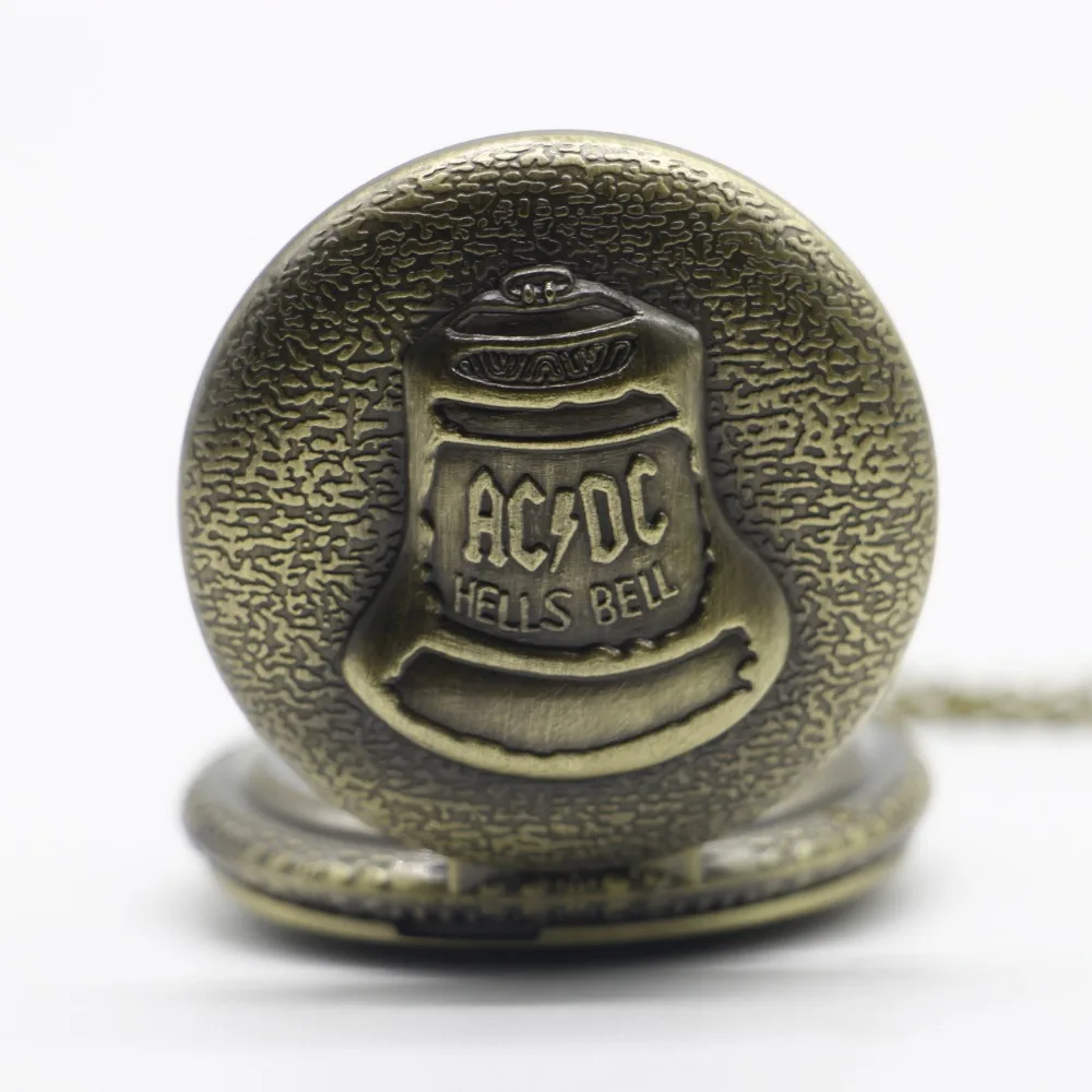 Бронзовый адский колокол ACDC узор кварцевые карманные часы корпус из нержавеющей стали арабская цифра ожерелье цепочка подарки для мужчин женщин CF1043