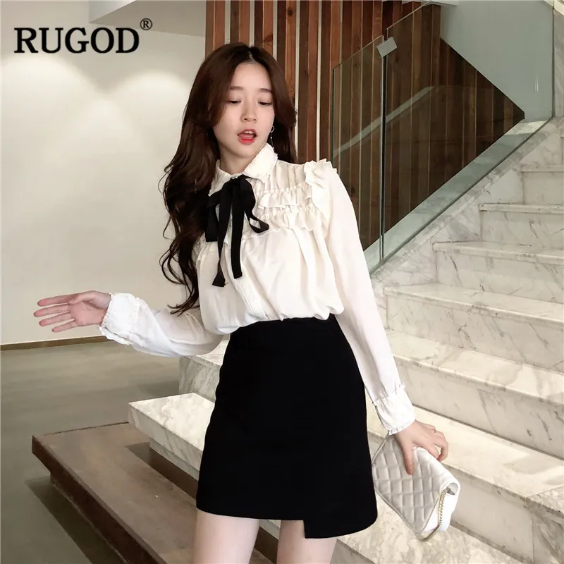 RUGOD/Женские топы и блузки, Модный милый галстук-бабочка, рубашка с длинными рукавами, весна, элегантная белая блузка Одежда с рюшами, feminina