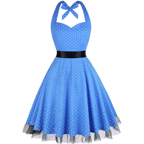 Blue Dot OTEN 4XL женское платье с принтом в виде черепа пэтчворк с цветочным кружевом в горошек Ретро Винтаж в стиле кантри летнее платье,1950s Большой размер строп женское платье платье пляжное - Цвет: Blue Dot