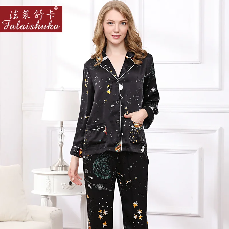 Heavy Silk Woman Pajamas Romantic Starry Sky Long-Sleeve 100% SILK Sleepwear Female Two-Piece Silkworm Silk Pyjama Sets T8161